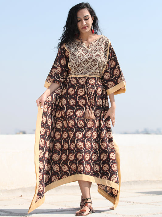Black Brown Hand Block Printed C Cut Kaftan - K141F1361