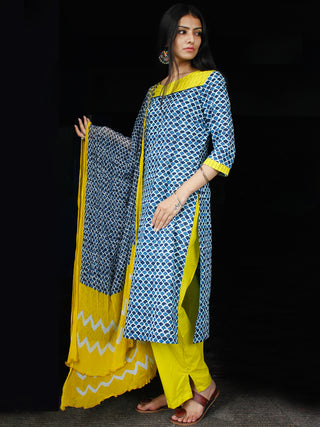 Indigo Yellow White Cotton Block Printed Suit - Set of 3 - SS01F015