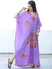 Lilac Red Yellow Aari Embroidered Kashmere Free Size Kaftan in Crushed Cotton - K11K065