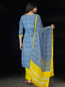 Indigo Yellow White Cotton Block Printed Suit - Set of 3 - SS01F015