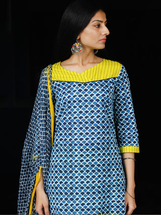 Indigo Yellow White Cotton Block Printed Suit - Set of 3 - SS01F015
