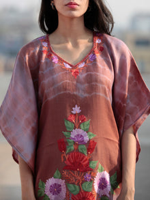 Brown Red Lavender Ivory Aari Embroidered Short Kashmere Kaftan  - K11K028