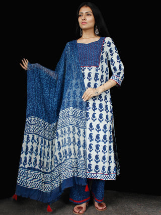Indigo Ivory Cotton Block Printed Suit - Set of 3 - SS01F016