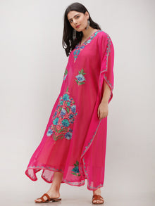 Hot Pink Multicolor Aari Embroidered Kashmere Free Size Georgette Kaftan  - K12K012