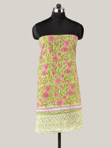 Green Pink White Hand Block Printed Cotton Suit-Salwar Fabric With Cotton Dupatta (Set of 3) - SU01HB436