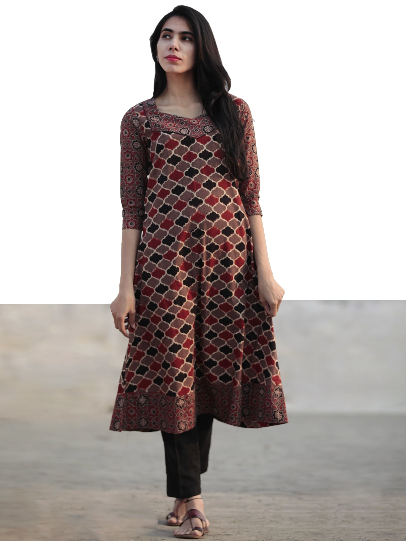 Maroon and Blue Ajarakh A-Line kurti1