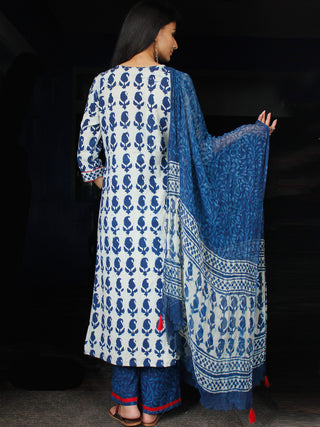 Indigo Ivory Cotton Block Printed Suit - Set of 3 - SS01F016