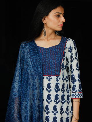 Indigo Ivory Cotton Block Printed Suit - Set of 3 - SS01F016