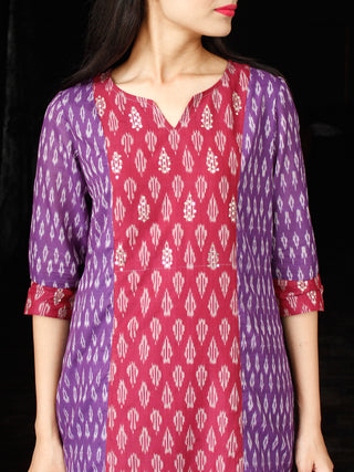 Purple Maroon Ivory Silk Cotton Ikat Kurta & Pants (Set of 2) - SS01F1437