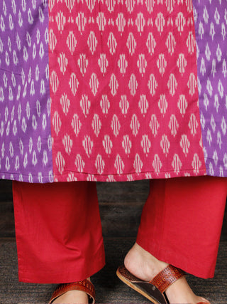 Purple Maroon Ivory Silk Cotton Ikat Kurta & Pants (Set of 2) - SS01F1437