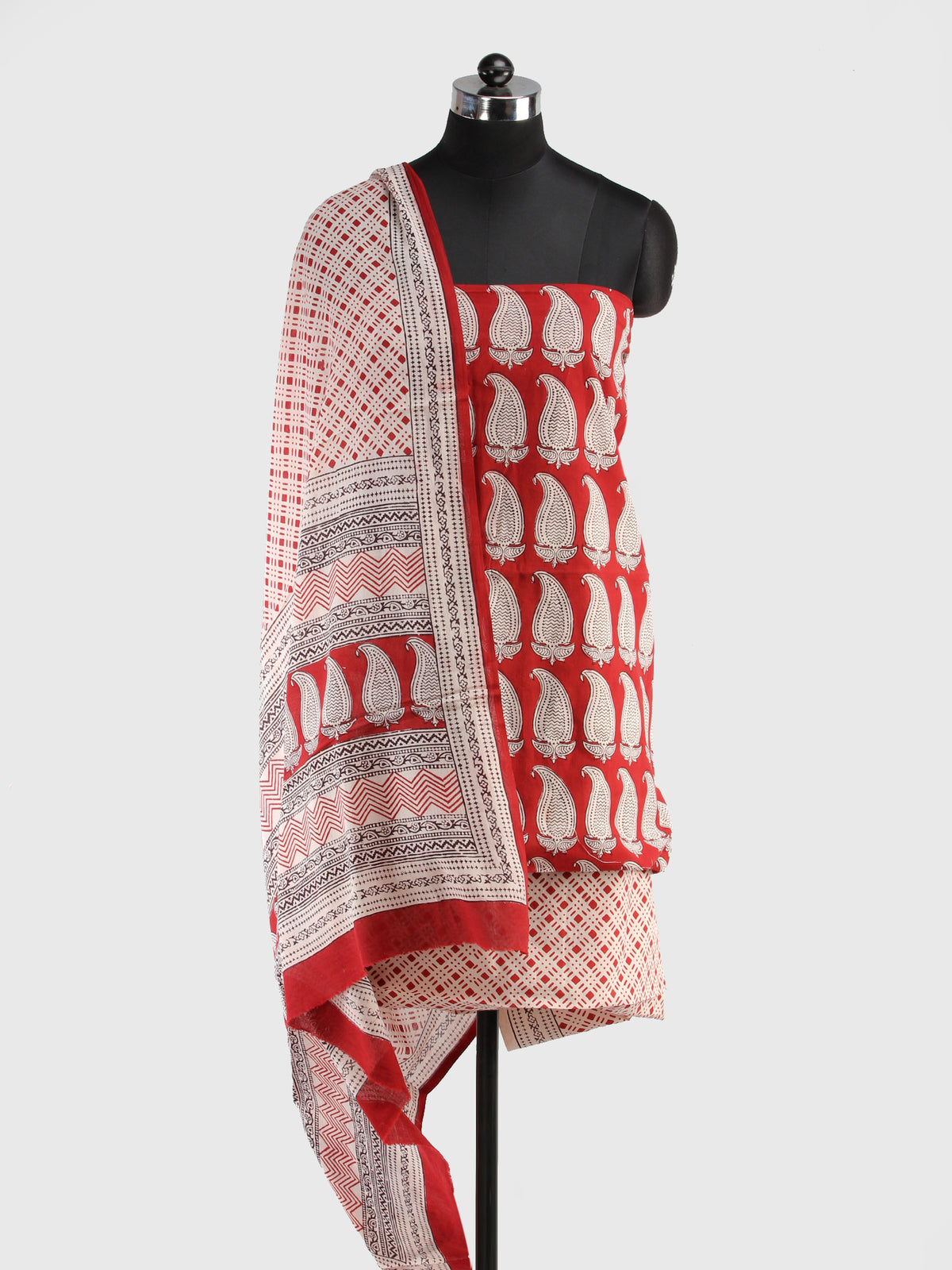 Brick Red White Bagh Hand Block Printed Cotton Suit-Salwar Fabric With Cotton Dupatta (Set of 3) - SU01HB420