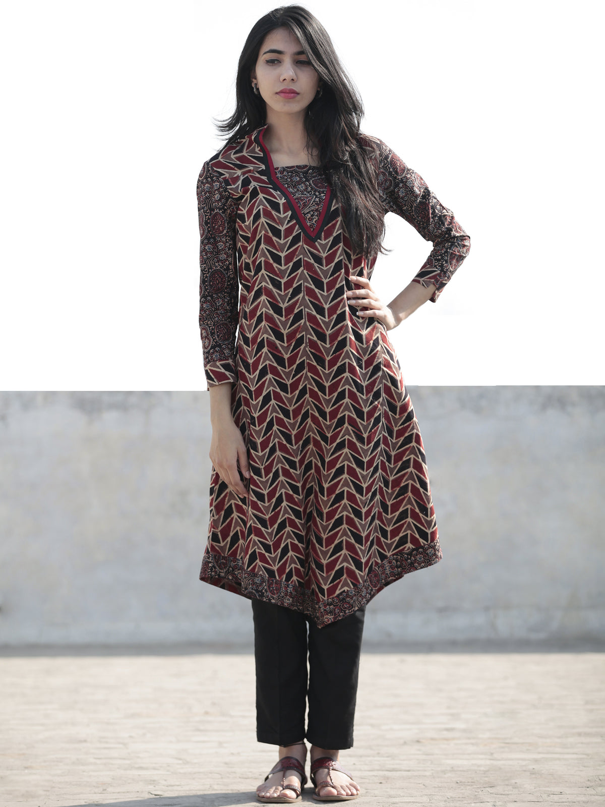 Brown Maroon Black Ajrakh Hand Block Printed Kurta - K33F1173