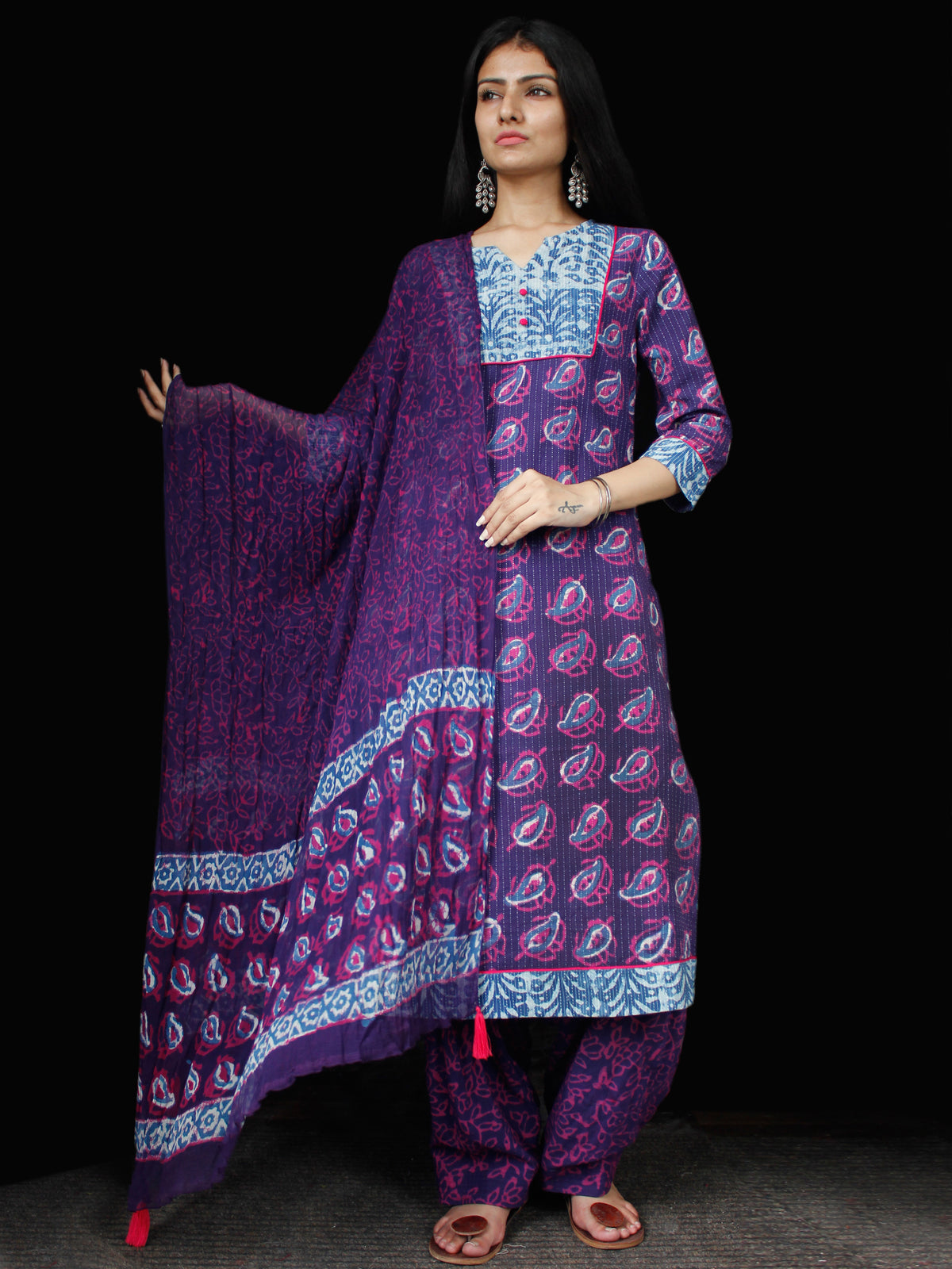 Purple Lavender Indigo Cotton Block Printed Suit With Kantha Work - Set of 3 - SS01F017