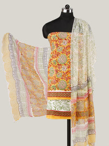 Yellow Red White Hand Block Printed Cotton Suit-Salwar Fabric With Chiffon Dupatta (Set of 3) - SU01HB435
