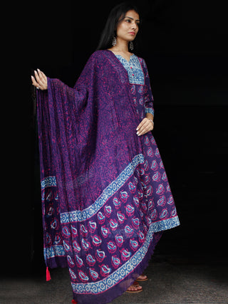 Purple Lavender Indigo Cotton Block Printed Suit With Kantha Work - Set of 3 - SS01F017