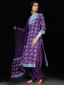 Purple Lavender Indigo Cotton Block Printed Suit With Kantha Work - Set of 3 - SS01F017