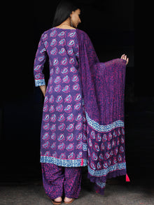Purple Lavender Indigo Cotton Block Printed Suit With Kantha Work - Set of 3 - SS01F017