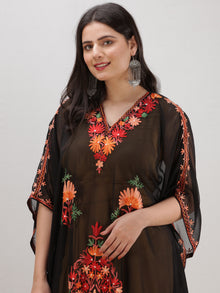 Black Multicolor Aari Embroidered Kashmere Free Size Georgette Kaftan  - K12K013