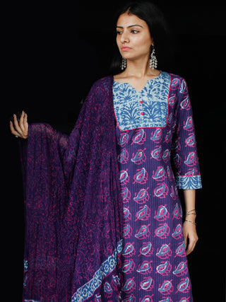 Purple Lavender Indigo Cotton Block Printed Suit With Kantha Work - Set of 3 - SS01F017