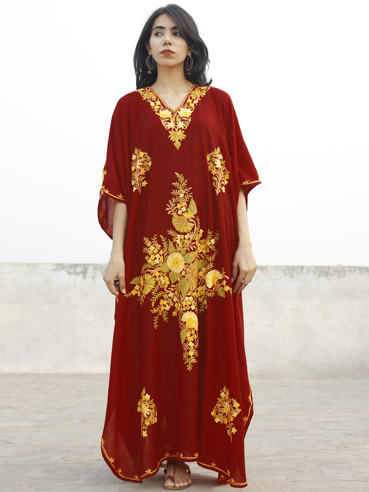 Maroon Red & Golden Yellow Aari Embroidered Long Kashmere Free Size Kaftan in Crushed Cotton - K11K018