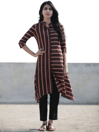 Black Red Peanut Brown Hand Block Printed Kurta With Front Slit - K34F878