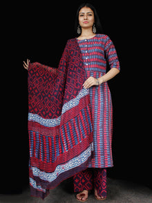 Indigo Red Purple Ivory Kantha Stitched  Cotton Block Printed Suit - Set of 3 - SS01F018