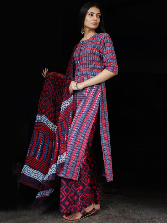 Indigo Red Purple Ivory Kantha Stitched  Cotton Block Printed Suit - Set of 3 - SS01F018