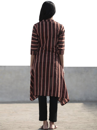Black Red Peanut Brown Hand Block Printed Kurta With Front Slit - K34F878