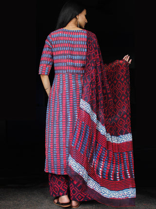 Indigo Red Purple Ivory Kantha Stitched  Cotton Block Printed Suit - Set of 3 - SS01F018