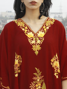 Maroon Red & Golden Yellow Aari Embroidered Long Kashmere Free Size Kaftan in Crushed Cotton - K11K018