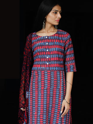 Indigo Red Purple Ivory Kantha Stitched  Cotton Block Printed Suit - Set of 3 - SS01F018