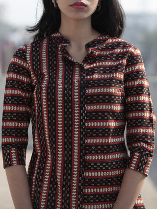 Black Red Peanut Brown Hand Block Printed Kurta With Front Slit - K34F878