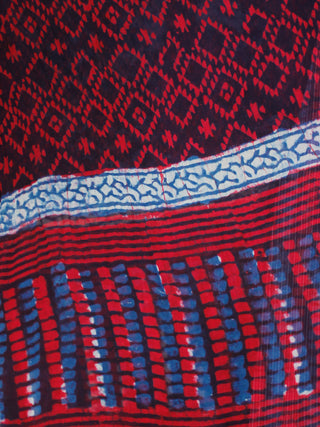 Indigo Red Purple Ivory Kantha Stitched  Cotton Block Printed Suit - Set of 3 - SS01F018