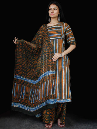 Indigo Rust Ivory Kantha Stitched Cotton Block Printed Suit - Set of 3 - SS01F019