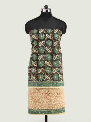Black Green OffWhite Hand Block Printed Cotton Suit-Salwar Fabric With Chiffon Dupatta (Set of 3) - SU01HB439