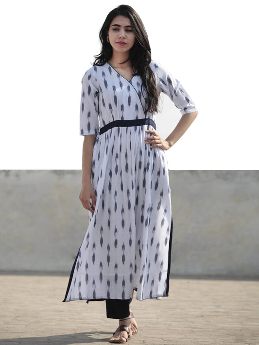 White Grey Hand Woven Ikat Long Kurta With Side Slit - K35F816