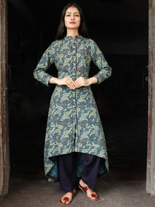 Indigo Green Black Hand Block Printed Ajrakh Asymmetric Kurta With Front Open - K88F1799