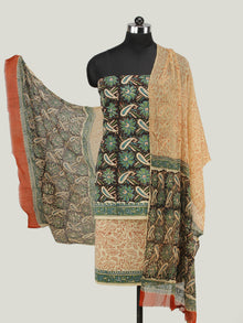 Black Green OffWhite Hand Block Printed Cotton Suit-Salwar Fabric With Chiffon Dupatta (Set of 3) - SU01HB439