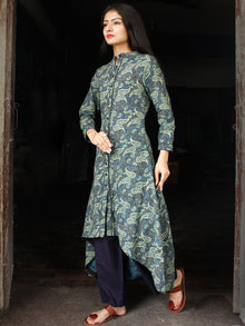 Indigo Green Black Hand Block Printed Ajrakh Asymmetric Kurta With Front Open - K88F1799