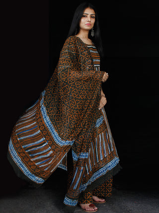 Indigo Rust Ivory Kantha Stitched Cotton Block Printed Suit - Set of 3 - SS01F019