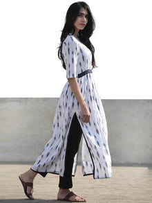 White Grey Hand Woven Ikat Long Kurta With Side Slit - K35F816