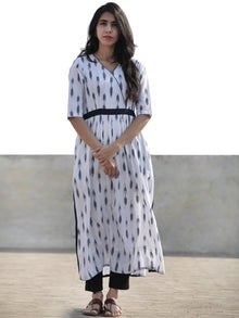 White Grey Hand Woven Ikat Long Kurta With Side Slit - K35F816