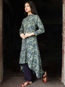 Indigo Green Black Hand Block Printed Ajrakh Asymmetric Kurta With Front Open - K88F1799