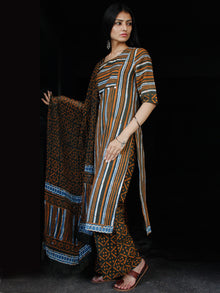Indigo Rust Ivory Kantha Stitched Cotton Block Printed Suit - Set of 3 - SS01F019