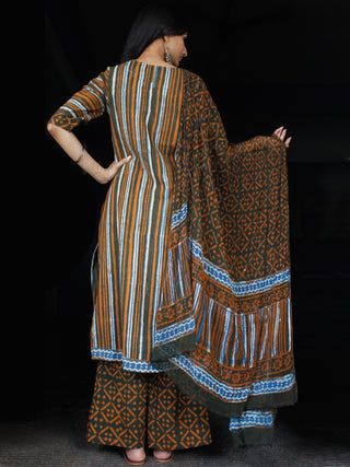 Indigo Rust Ivory Kantha Stitched Cotton Block Printed Suit - Set of 3 - SS01F019