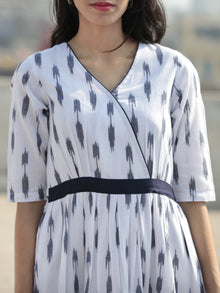 White Grey Hand Woven Ikat Long Kurta With Side Slit - K35F816