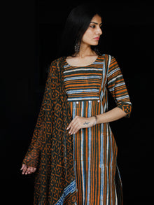 Indigo Rust Ivory Kantha Stitched Cotton Block Printed Suit - Set of 3 - SS01F019