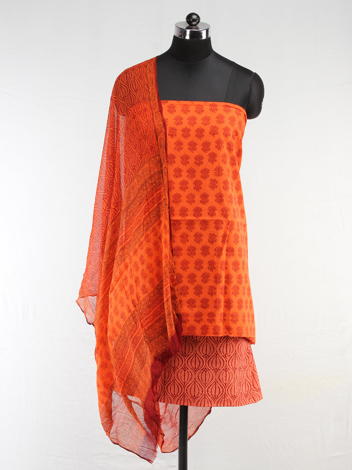 Orange Rust Black Bagh Hand Block Printed Cotton Suit-Salwar Fabric With Chiffon Dupatta (Set of 3) - SU01HB405