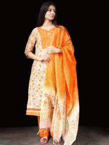 White Orange Chanderi Block Printed Suit Set - Set of 3  - SS01F002