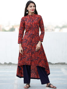 Crimson Red Indigo Hand Block Printed Ajrakh Asymmetric Kurta With Front Open - K88F1800